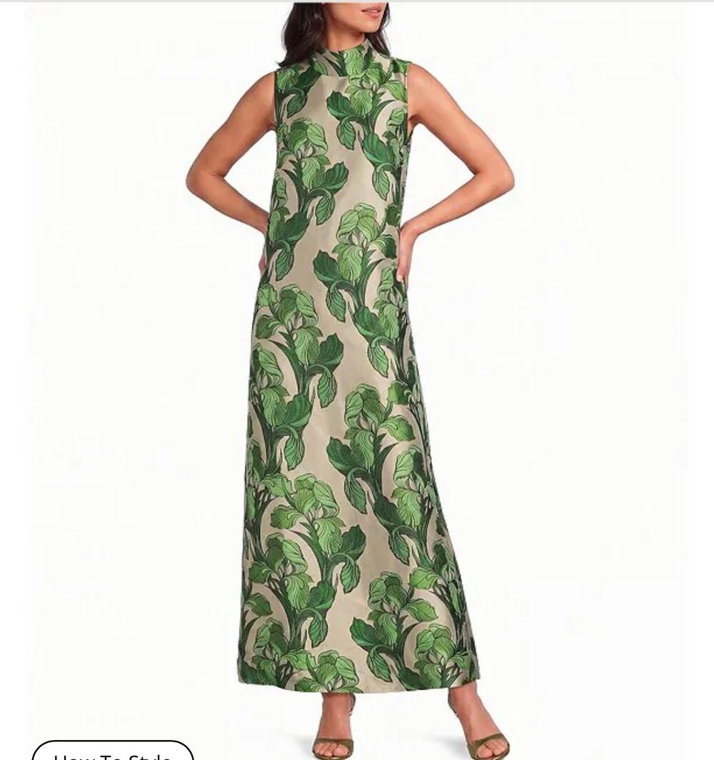 Buru Maxi Mod Printed Brocade Mock Neck Sleeveless Shift Maxi Dress